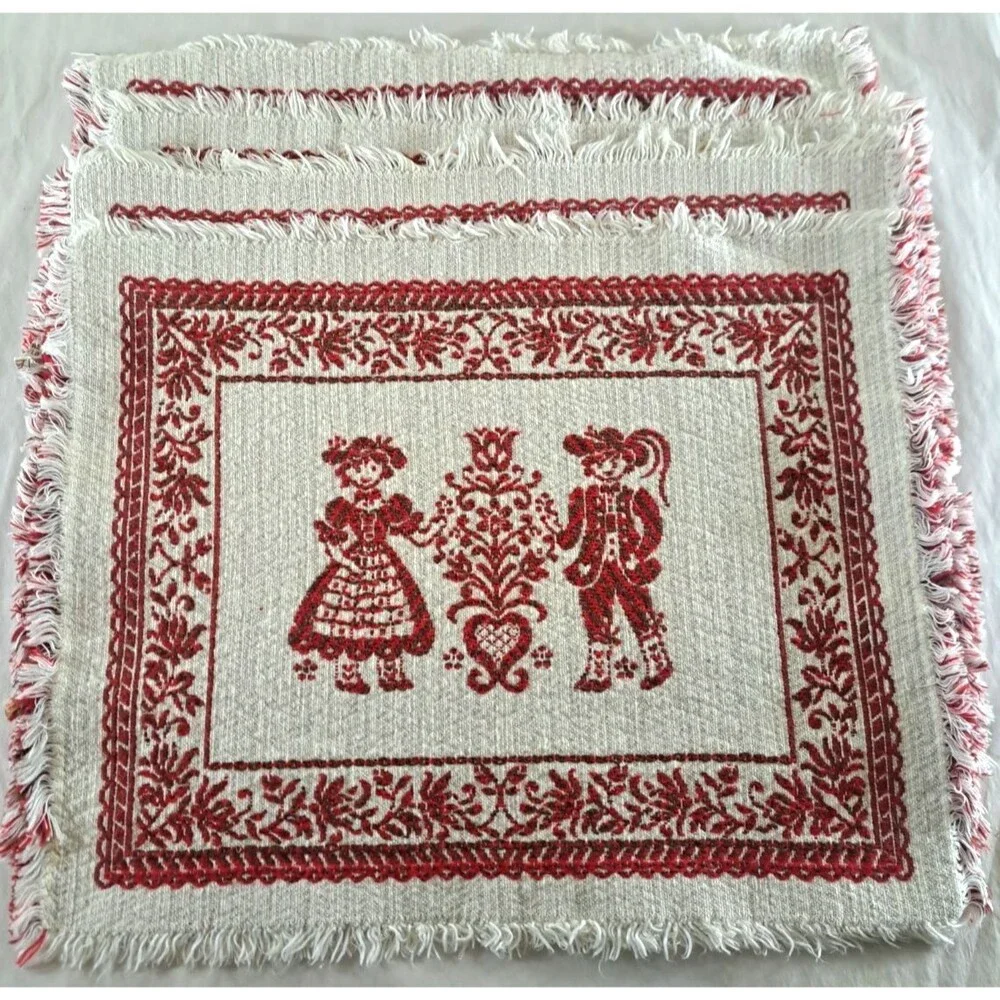 Woven Folk Art Placemats Austria Set of 4 Fringe Cotton Linen 13x15 Oktoberfest